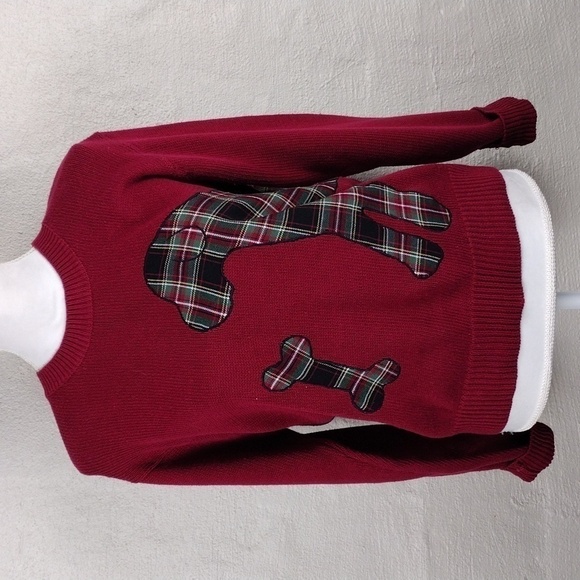 Leon Levin Hand Loomed Red Plaid Dog Applique Crew Neck Pullover Sweater Top - Picture 16 of 16